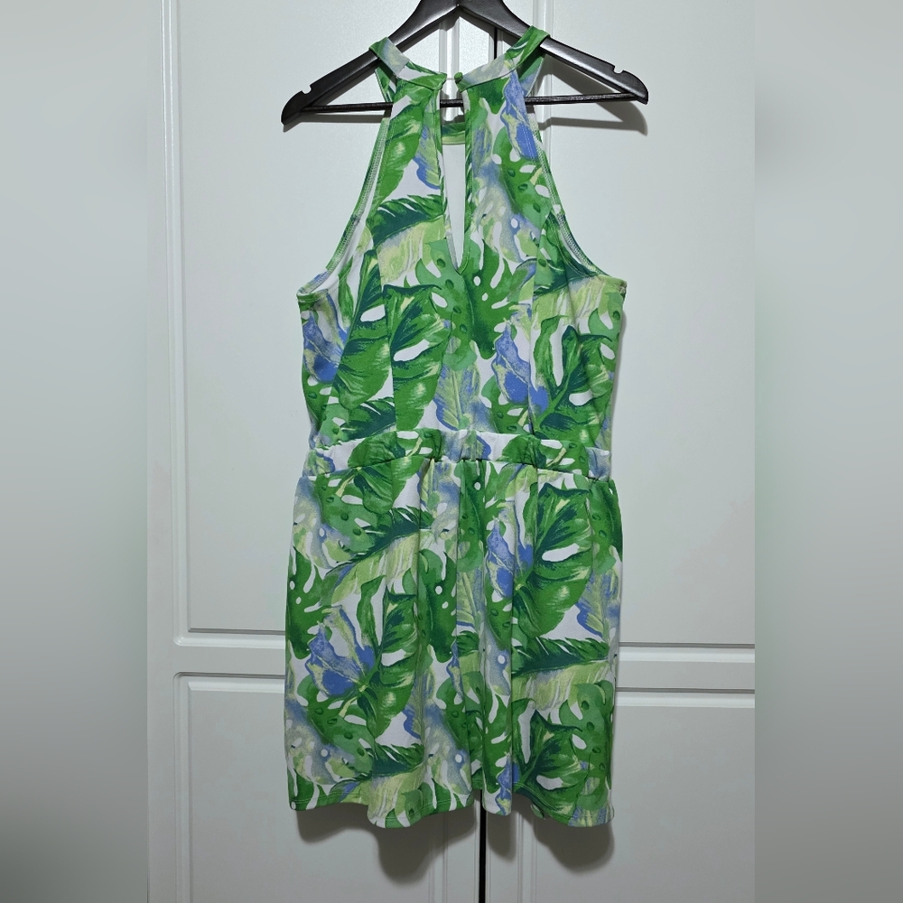 Madden NYC Romper Fit & Flare Green Tropical Leaf Cut Out Halter Boho Summer - Picture 10 of 16